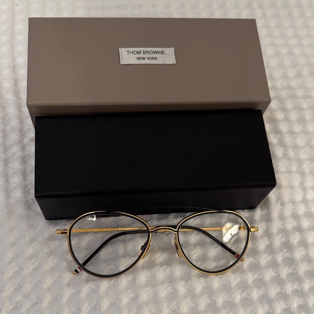 Thom Browne Gold and Navy blue Round Glasses